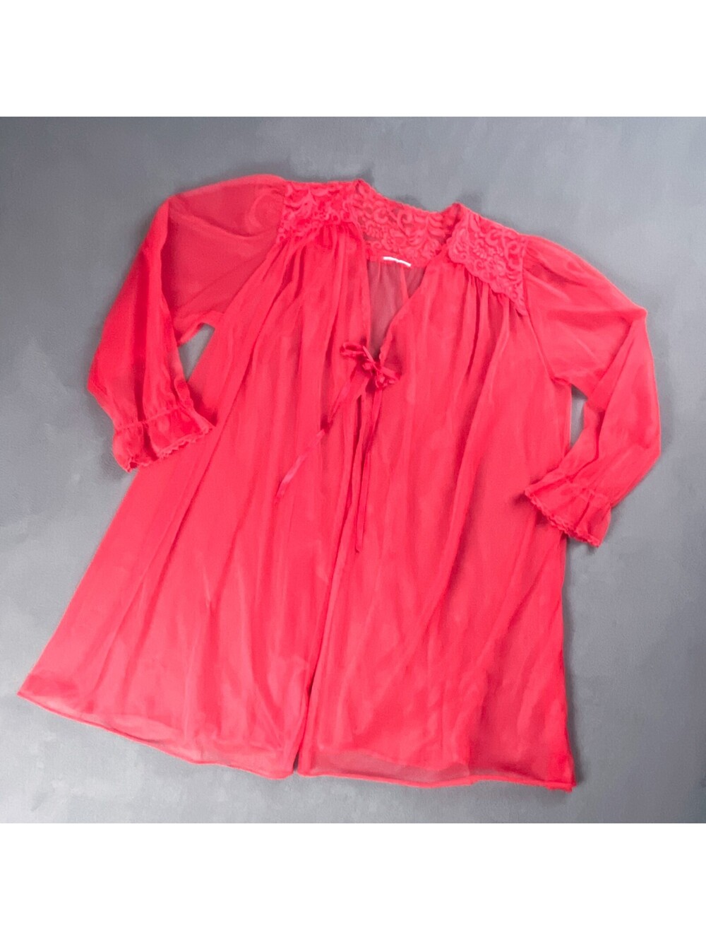 Vintage Sheer Red Lingerie Robe, Puffy Nylon Chiffon with Open Front